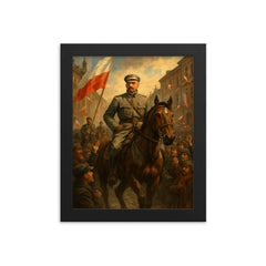 Jozef Pilsudski entering Warsaw in 1918 framed print on a plain backdrop in size 8"x10".