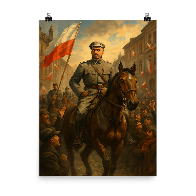 Jozef Pilsudski entering Warsaw in 1918 poster on a plain backdrop in size 8
