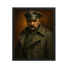 Jozef Pilsudski in Legionnaire greatcoat framed print on a plain backdrop in size 16"x20".