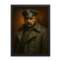 Jozef Pilsudski in Legionnaire greatcoat framed print on a plain backdrop in size 18"x24".