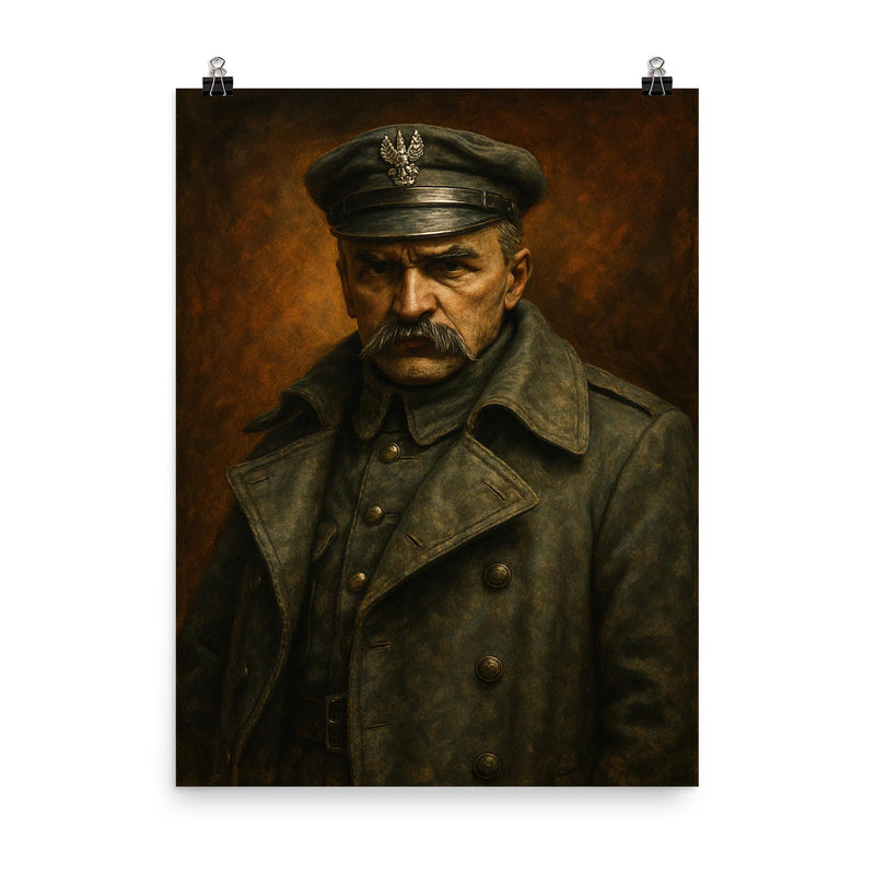 Jozef Pilsudski in Legionnaire greatcoat poster on a plain backdrop in size 8