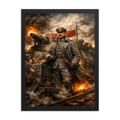 Jozef Pilsudski on armored train framed print on a plain backdrop in size 18"x24".