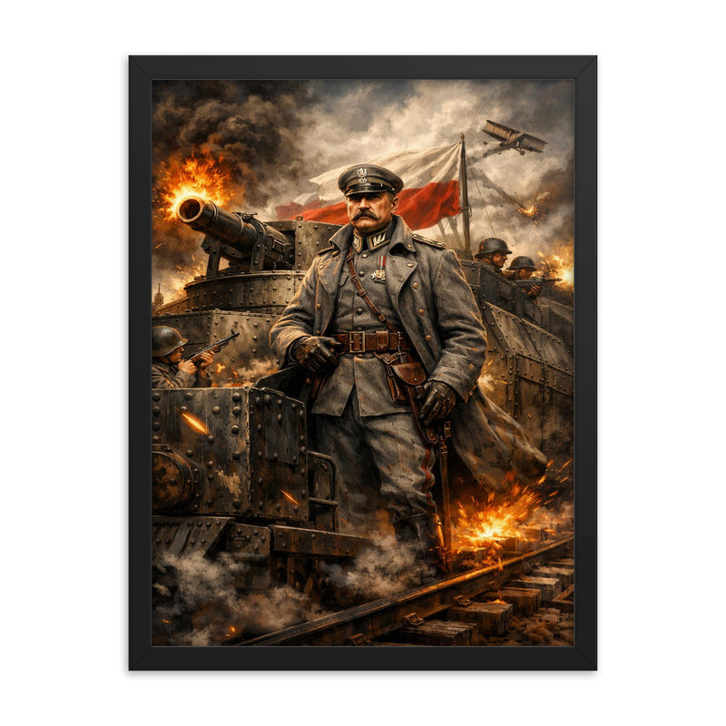 Jozef Pilsudski on armored train framed print on a plain backdrop in size 18
