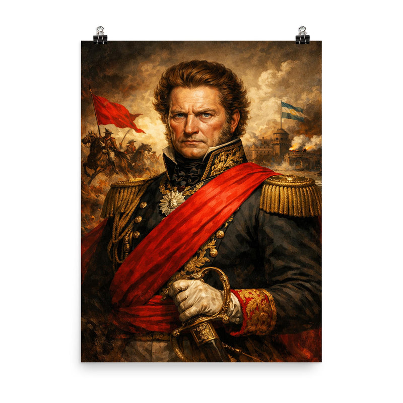 Juan Manuel de Rosas in crimson federalist sash poster on a plain backdrop in size 8