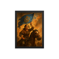 Juana Azurduy with captured royalist standard framed print on a plain backdrop in size 12"x16".