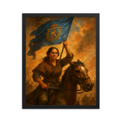 Juana Azurduy with captured royalist standard framed print on a plain backdrop in size 16"x20".