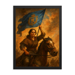 Juana Azurduy with captured royalist standard framed print on a plain backdrop in size 18"x24".