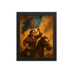Juana Azurduy with captured royalist standard framed print on a plain backdrop in size 8"x10".
