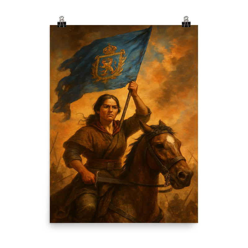 Juana Azurduy with captured royalist standard poster on a plain backdrop in size 8