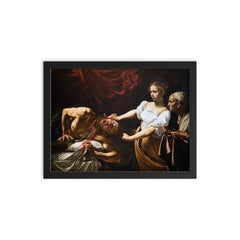 Judith and Holofernes by Caravaggio framed print on a plain backdrop in size 12"x16".