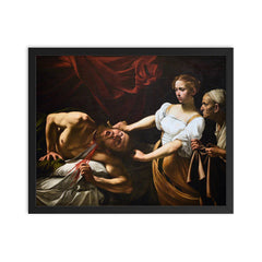 Judith and Holofernes by Caravaggio framed print on a plain backdrop in size 16"x20".