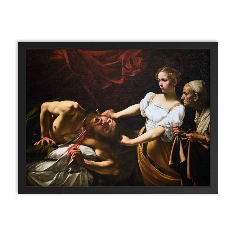 Judith and Holofernes by Caravaggio framed print on a plain backdrop in size 18