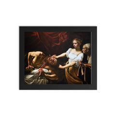 Judith and Holofernes by Caravaggio framed print on a plain backdrop in size 8"x10".