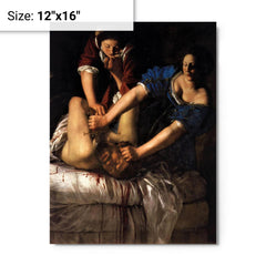 Judith beheading Holofernes by Artemisia Gentileschi metal print on a plain backdrop in size 12"x16".