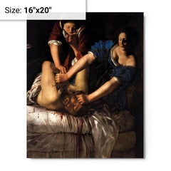 Judith beheading Holofernes by Artemisia Gentileschi metal print on a plain backdrop in size 16"x20".