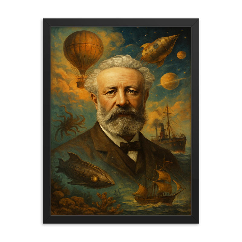 Jules Verne framed print on a plain backdrop in size 18