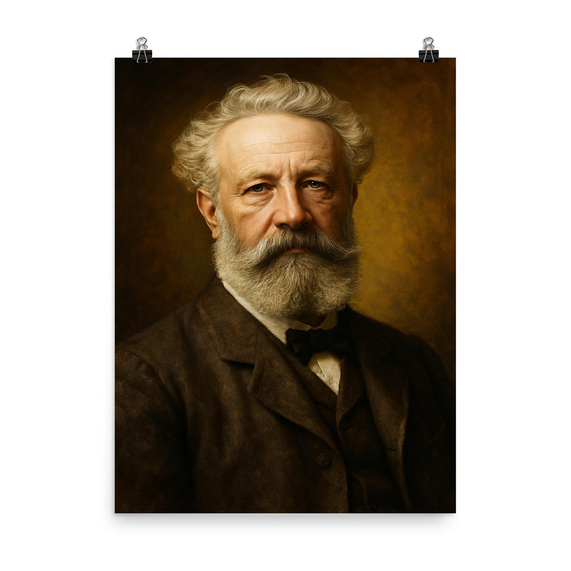 Jules Verne portrait poster on a plain backdrop in size 8