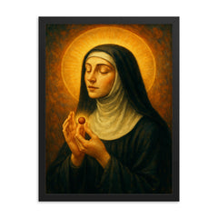 Julian of Norwich receiving the hazelnut vision framed print on a plain backdrop in size 18"x24".