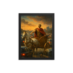 Julius Caesar in a chariot stuck in a modern day traffic jam_2 framed print on a plain backdrop in size 12"x16".