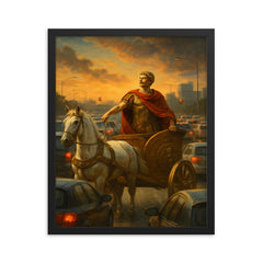 Julius Caesar in a chariot stuck in a modern day traffic jam_2 framed print on a plain backdrop in size 16"x20".