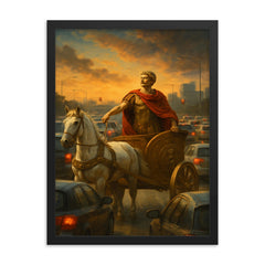 Julius Caesar in a chariot stuck in a modern day traffic jam_2 framed print on a plain backdrop in size 18"x24".