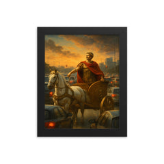 Julius Caesar in a chariot stuck in a modern day traffic jam_2 framed print on a plain backdrop in size 8"x10".