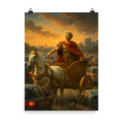 Julius Caesar in a chariot stuck in a modern day traffic jam_2 poster on a plain backdrop in size 8"x10".