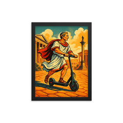 Julius Caesar riding a scooter through ancient Rome framed print on a plain backdrop in size 12"x16".