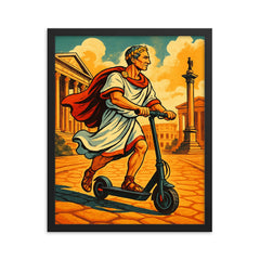 Julius Caesar riding a scooter through ancient Rome framed print on a plain backdrop in size 16"x20".