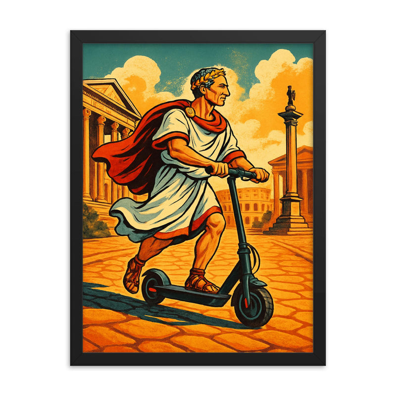Julius Caesar riding a scooter through ancient Rome framed print on a plain backdrop in size 18