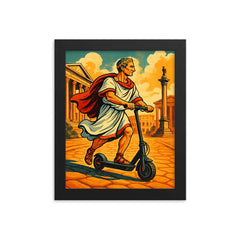 Julius Caesar riding a scooter through ancient Rome framed print on a plain backdrop in size 8"x10".