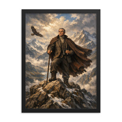Julius Evola atop alpine crags framed print on a plain backdrop in size 18"x24".