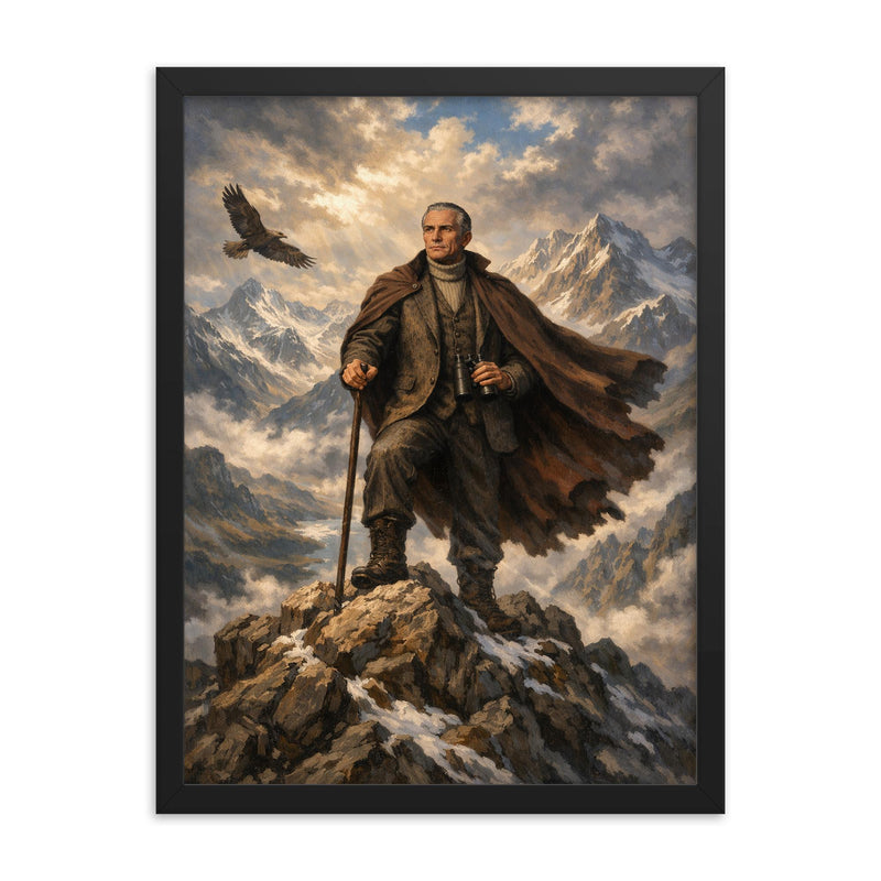 Julius Evola atop alpine crags framed print on a plain backdrop in size 18