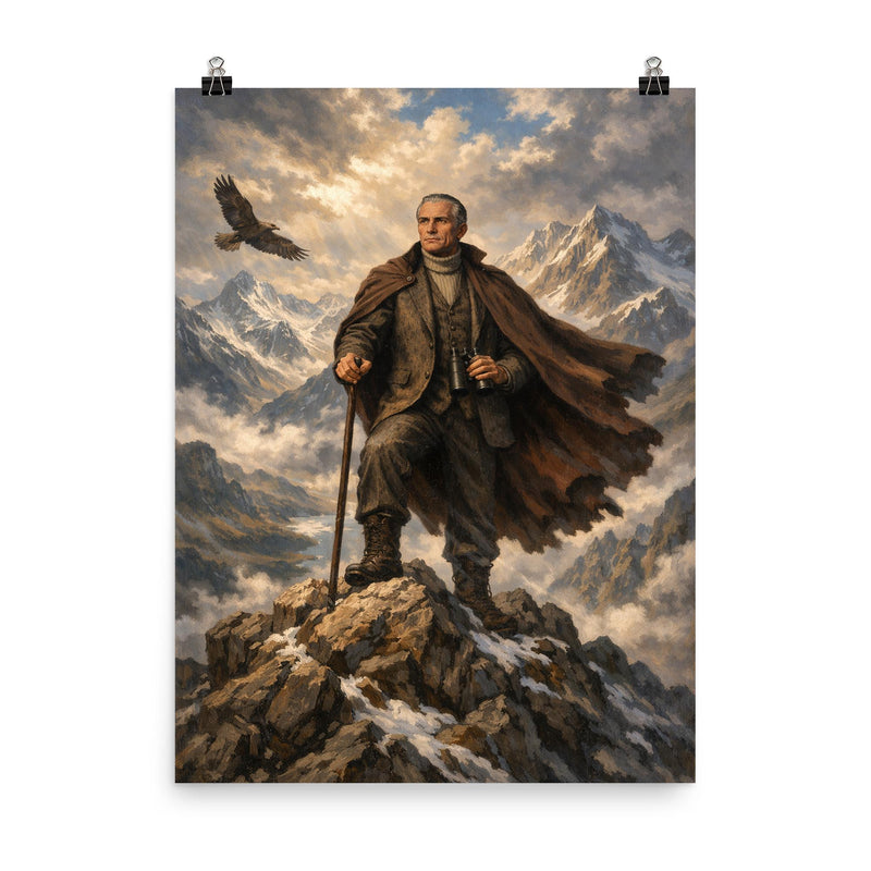 Julius Evola atop alpine crags poster on a plain backdrop in size 8