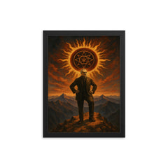 Julius Evola atop mountain with occult sun framed print on a plain backdrop in size 12"x16".