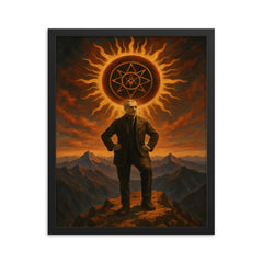 Julius Evola atop mountain with occult sun framed print on a plain backdrop in size 16"x20".