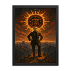 Julius Evola atop mountain with occult sun framed print on a plain backdrop in size 18"x24".