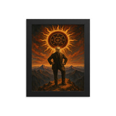 Julius Evola atop mountain with occult sun framed print on a plain backdrop in size 8"x10".