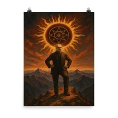 Julius Evola atop mountain with occult sun poster on a plain backdrop in size 8"x10".