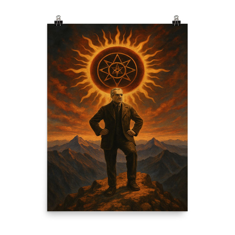 Julius Evola atop mountain with occult sun poster on a plain backdrop in size 8