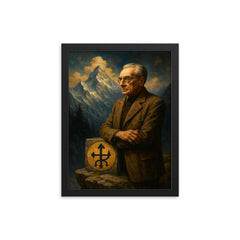 Julius Evola on alpine ledge symbolism framed print on a plain backdrop in size 12"x16".