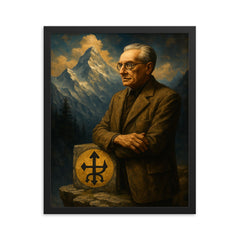 Julius Evola on alpine ledge symbolism framed print on a plain backdrop in size 16"x20".