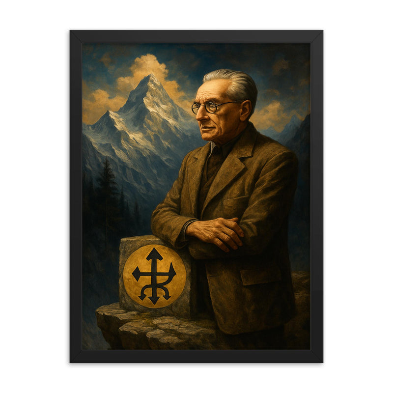 Julius Evola on alpine ledge symbolism framed print on a plain backdrop in size 18