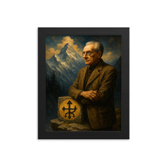 Julius Evola on alpine ledge symbolism framed print on a plain backdrop in size 8"x10".