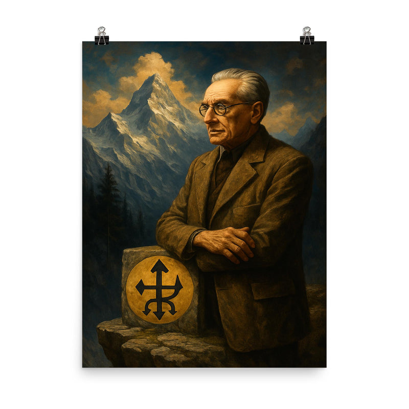 Julius Evola on alpine ledge symbolism poster on a plain backdrop in size 8