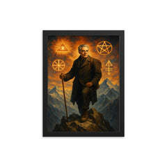 Julius Evola on alpine peak with occult symbols framed print on a plain backdrop in size 12"x16".