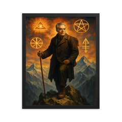Julius Evola on alpine peak with occult symbols framed print on a plain backdrop in size 16"x20".