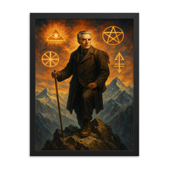 Julius Evola on alpine peak with occult symbols framed print on a plain backdrop in size 18"x24".