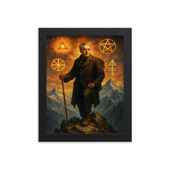 Julius Evola on alpine peak with occult symbols framed print on a plain backdrop in size 8"x10".