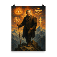 Julius Evola on alpine peak with occult symbols poster on a plain backdrop in size 8"x10".